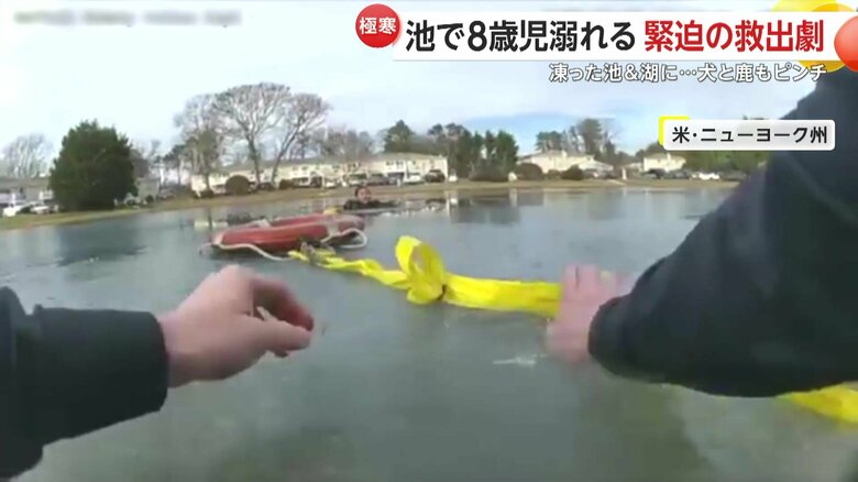 男の子は冷たい池で今にも溺れそうだった