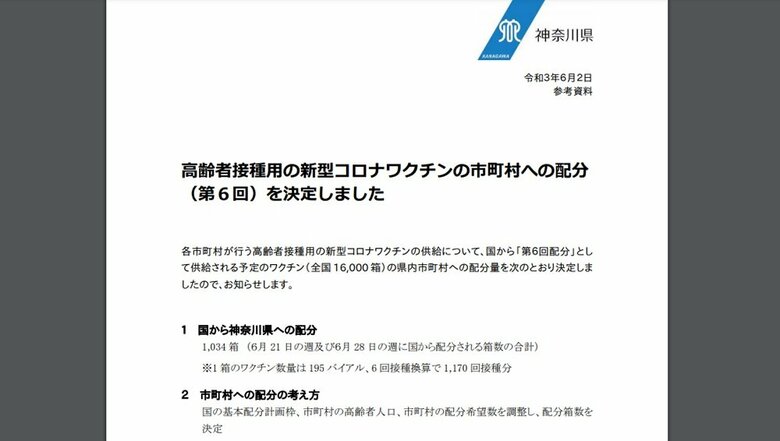 神奈川県 高齢者接種用の新型コロナワクチンの第6回市町村配分を決定