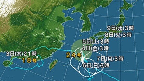 台風24号の進路予想図　日本気象協会より