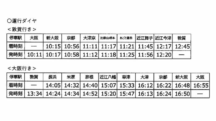 「はなあかり」敦賀-大阪間の運行ダイヤ
