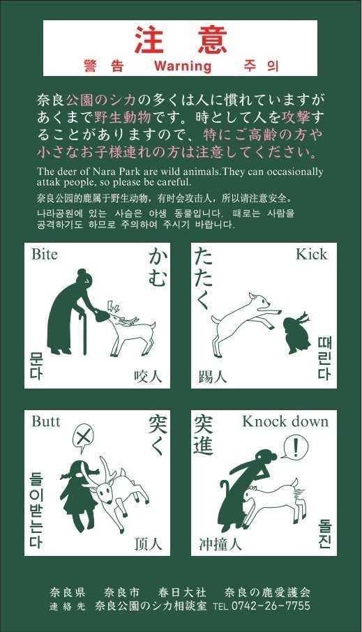 奈良公園に設置されている注意喚起の看板