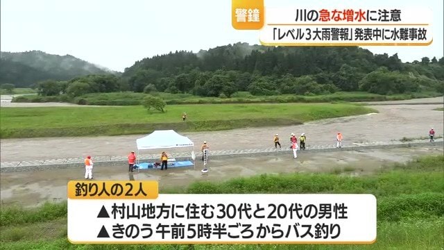 川の合流点にある中州に、2人の釣り人が取り残された