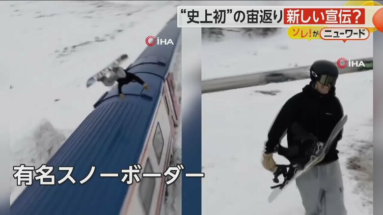 列車を飛び越え、真上で宙返りをするスノーボーダー