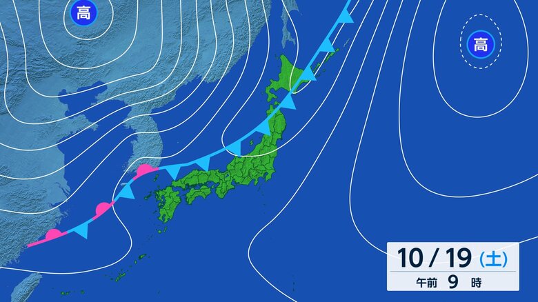 19日（土）の予想天気図　大陸に高気圧があり等圧線が混み寒冷前線の北では寒気が吹き出す。寒冷前線が東に抜けると、西高東低の冬型気圧配置となる