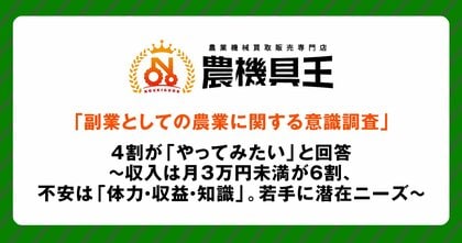 「副業としての農業に関する意識調査」4割が「やってみたい」と回答~収入は月3万円未満が6割、不安は「体力・収益・知識」。若手に潜在ニーズ~