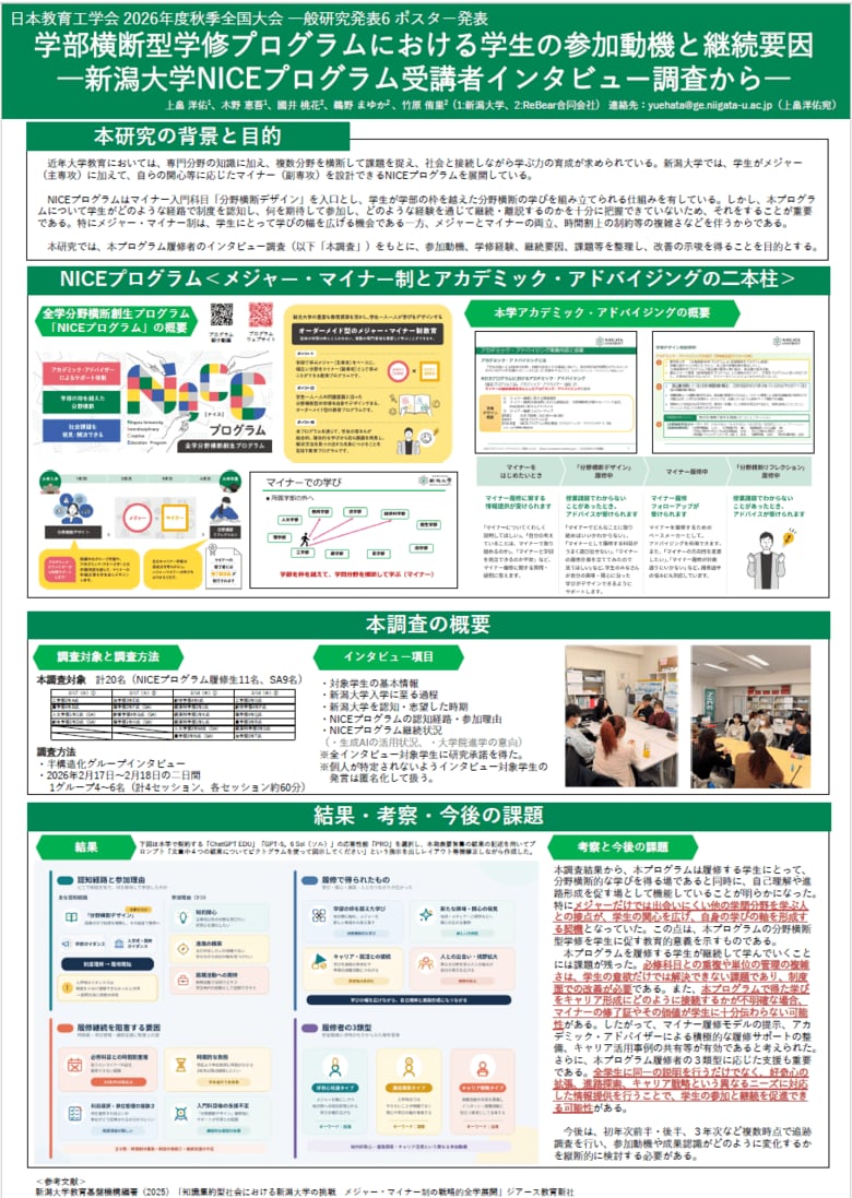 ReBear合同会社、新潟大学と共同で学部横断型学修プログラムの参加動機と継続要因を調査し、日本教育工学会にて発表