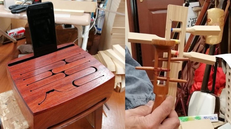 実はどちらも三味線がモチーフ。打宝音は天板を叩くと楽器にもなる