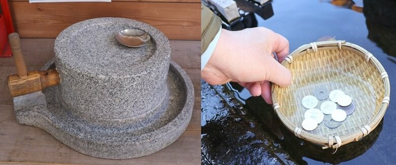 左：銭回しで使う石臼　右：銭洗いの様子（編集部撮影）