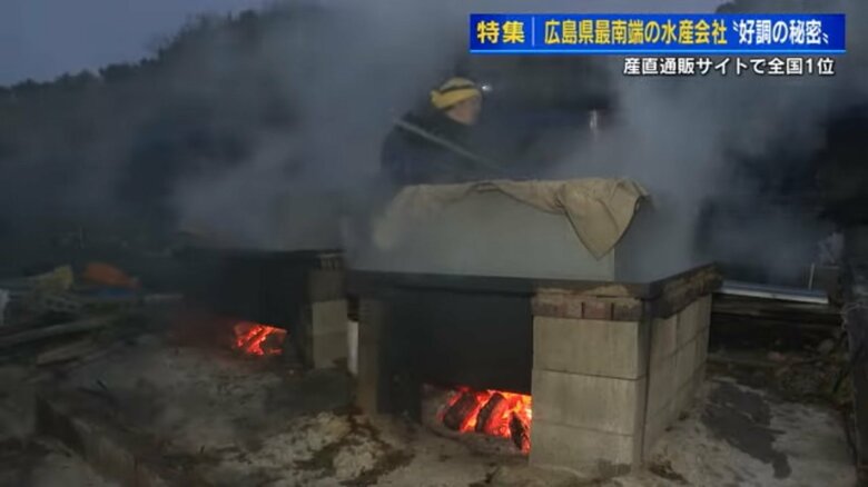 ひじきを薪で釜茹で