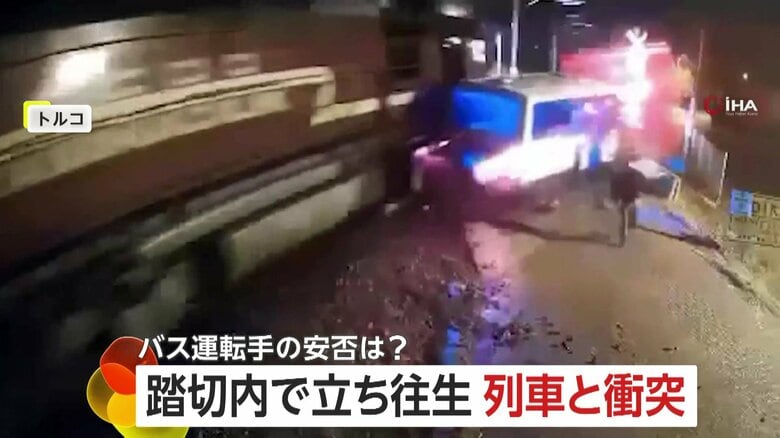 踏切内で列車と衝突した小型バス…はじき飛ばされ大破　遮断機が下りた後に進入し立ち往生　運転手は直前に脱出しケガなし　トルコ｜FNNプライムオンライン
