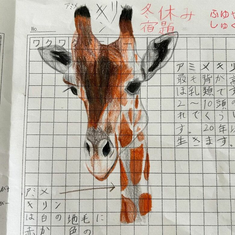 冬休みの宿題プリント「キリン」