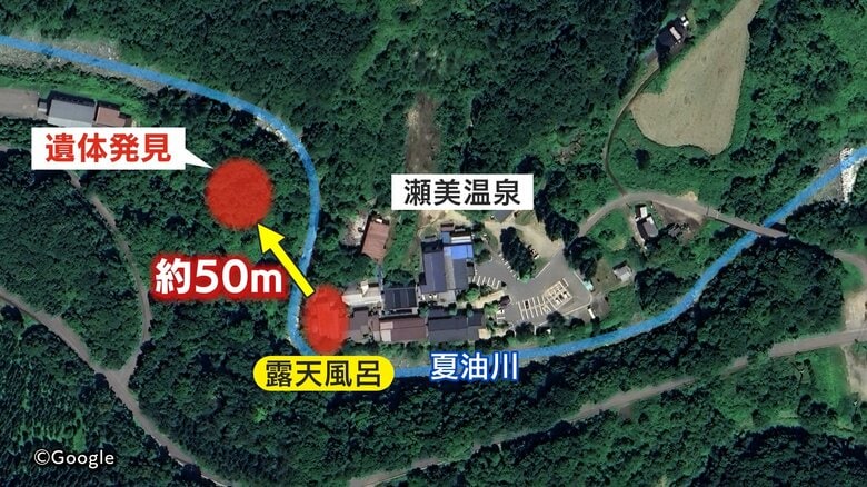 温泉施設から約50ｍ離れた川沿いの山林で遺体発見