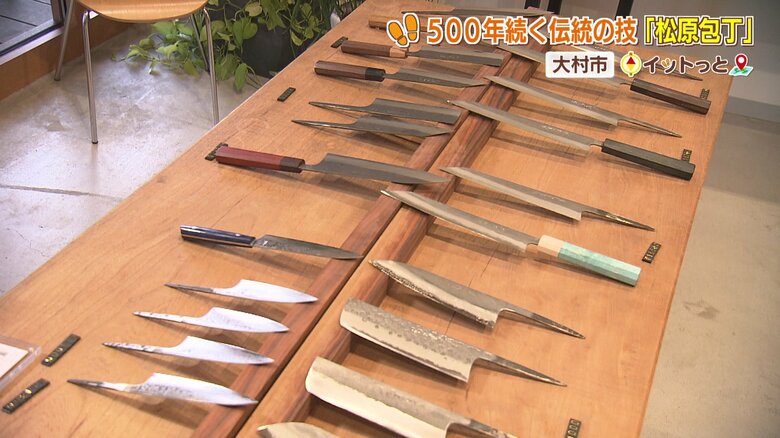 店内には様々な種類の包丁が整然と並べられている