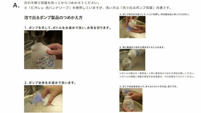 泡が出るポンプ容器の洗い方（提供：花王）