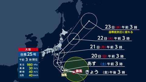 【台風情報】台風25号は21日明け方に関東最接近か　あさって昼頃から関東に活発な雨雲流れ込む予想　警報級大雨の恐れ