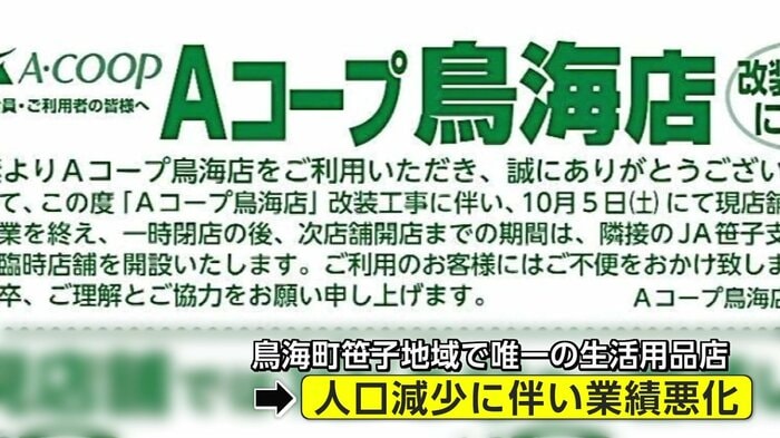 「Aコープ鳥海店」は鳥海町笹子地区で唯一の生活用品店だった