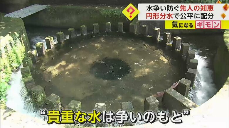 現在の烏嶽円形分水の写真。29個の区切りで水を平等に届けることができる