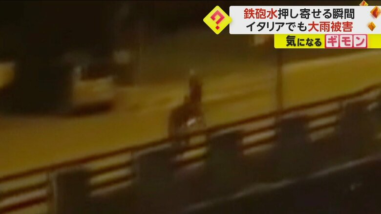 土砂が流れる川の柵のそばに、人影が見える（IHA）