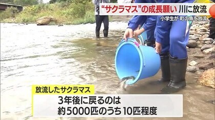 0.2％しか戻ってこないサクラマス　「3年後戻って来てね」本郷東小学校児童が放流　山形・大江町
