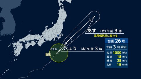 台風26号きょう昼頃関東に接近へ　千葉県は大雨の可能性　新たに台風27号が発生、来週火曜日ごろに小笠原諸島に接近か