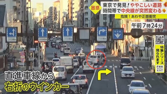 矢印の車線が右折車線