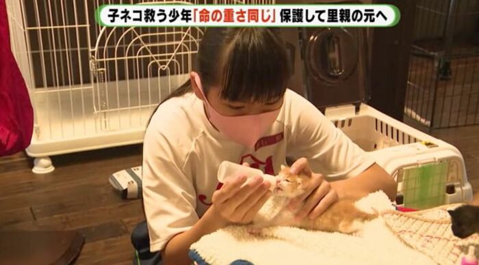 子ネコにミルクを与える朔さん