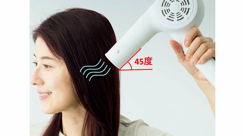 髪表面は、ドライヤーを約20cm離して斜め45度上から風を当てる。最後は冷風に。
