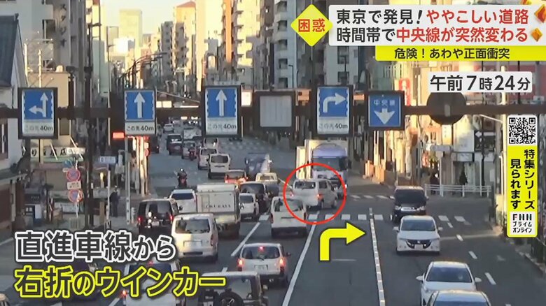 矢印の車線が右折車線