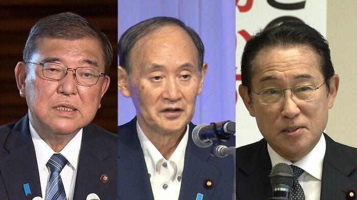 公邸に入居しなかった菅義偉元首相（中央）後の岸田文雄元首相（右）と石破茂前首相（左）は入居した。