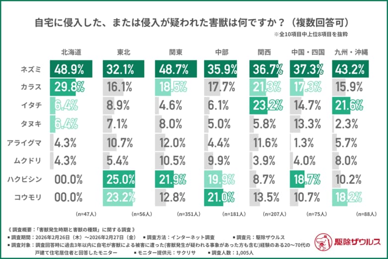 【全国害獣リスク調査】エリア別で害獣の発生傾向に違いはある？東は「ハクビシン」、西は「イタチ」に要注意！約8割が悩む再発を防ぐカギとは