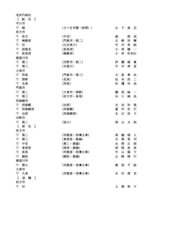 中学校の教頭・転任・新任・退職