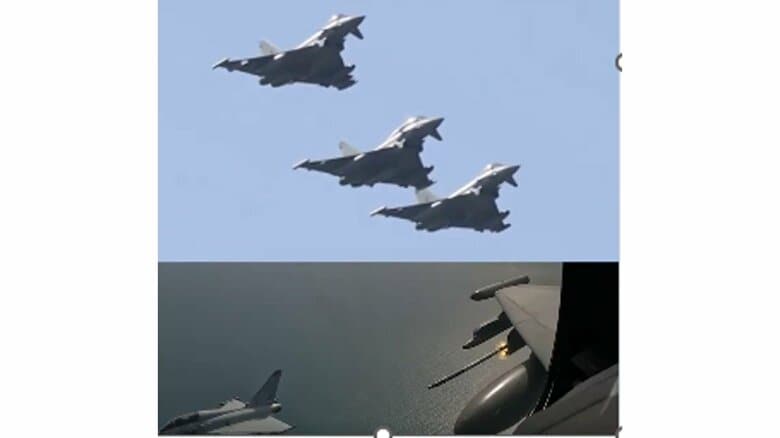 英空軍タイフーン戦闘機（上）から発射されるAPKWSレーザー誘導ロケット弾(下)（英国防省、2026年5月18日）