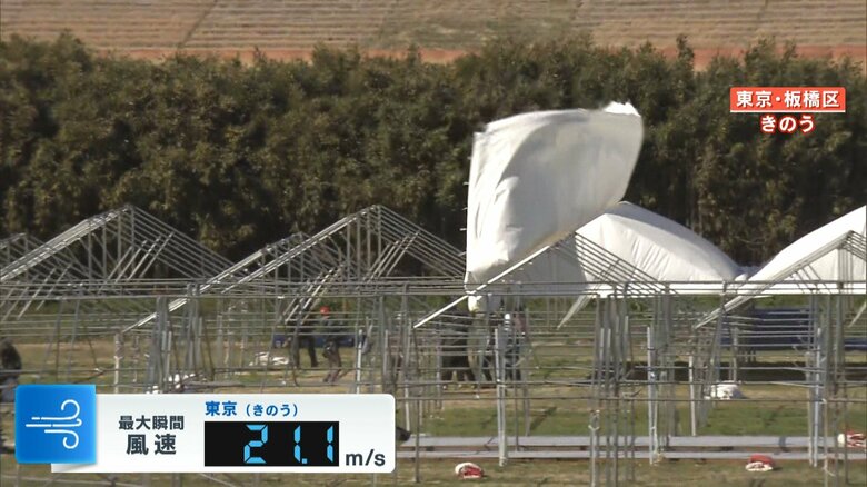 強風でめくれあがる仮設テント
