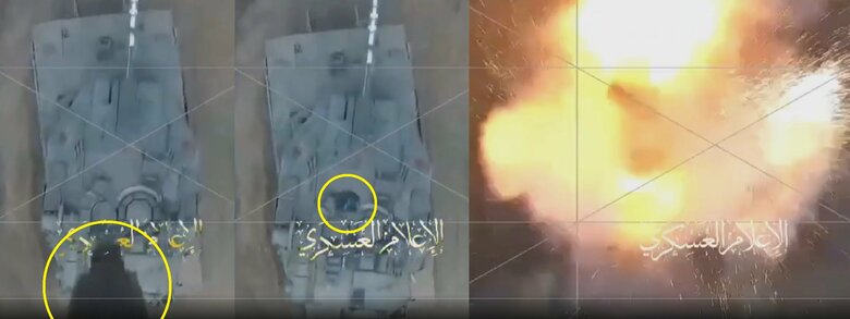 ハマスのSNS公開映像　メルカバ戦車の上にドローンから投下した小型爆弾（円内）が爆発しているように見える