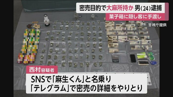 押収品。大麻を菓子箱に隠し、客に手渡していたという