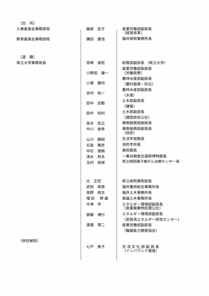 福井県人事異動【副部長級3】