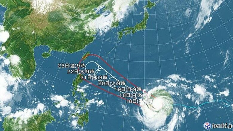 【台風情報】非常に強い台風30号の進路予想 18日(日)夜にも「猛烈な」勢力になる予想 23日(金)は「非常に強い」勢力で沖縄の南へ進む見込み この頃の中心気圧は935hPa、最大瞬間風速は70m/s予想|FNNプライムオンライン