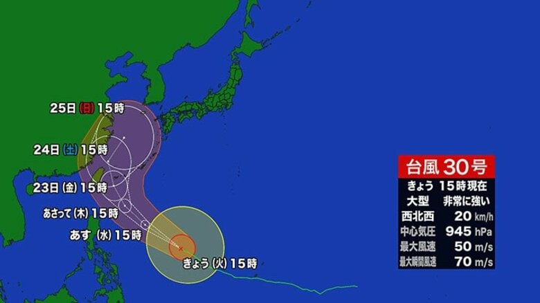 【進路予報】台風30号（チャンパー）22日に沖縄の南へ…その後急カーブ描き日本に接近？＜気象庁発表＞｜FNNプライムオンライン