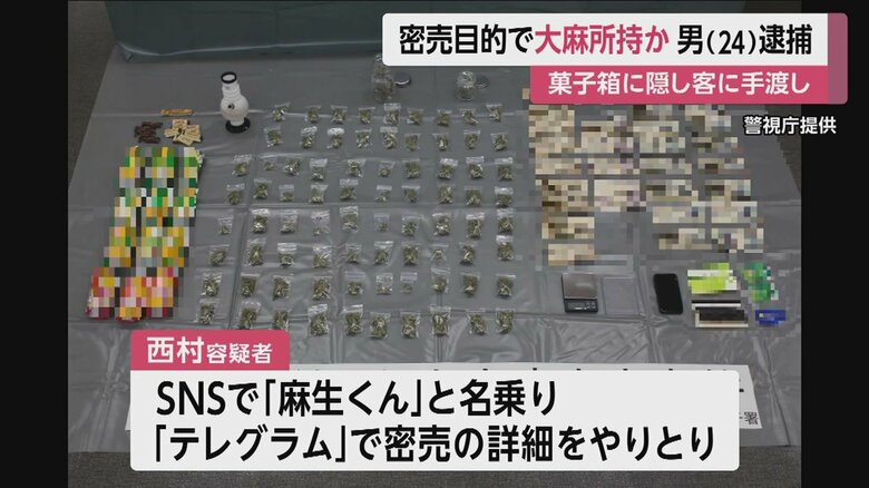 押収品。大麻を菓子箱に隠し、客に手渡していたという