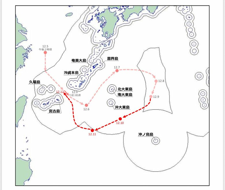 太平洋や東シナ海を航行した空母「遼寧」の航路（防衛省発表資料より）