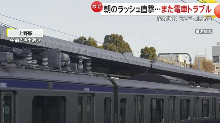 電車の天井部の架線が波打つように曲がっている