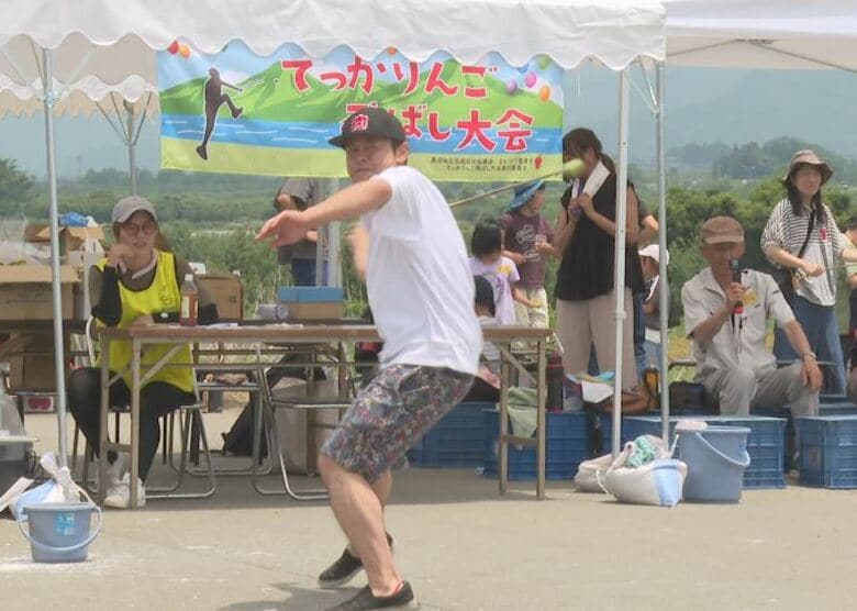 80ｍ超の大記録も！摘果して廃棄するリンゴを飛ばす「てっかりんご飛ばし大会」台風災害で千曲川の堤防が決壊した長野市長沼地区「地元を元気に！」｜FNNプライムオンライン