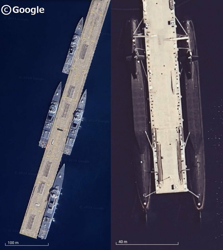 南シナ海・海南島の中国海軍基地。055型駆逐艦等の大型水上艦（左）や戦略核ミサイルを搭載する094型戦略ミサイル原潜（右）が停泊している。