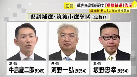 福岡県議会・蔵内氏の辞職に伴う県議補欠選挙が告示　新人3人が立候補届け出　筑後市選挙区