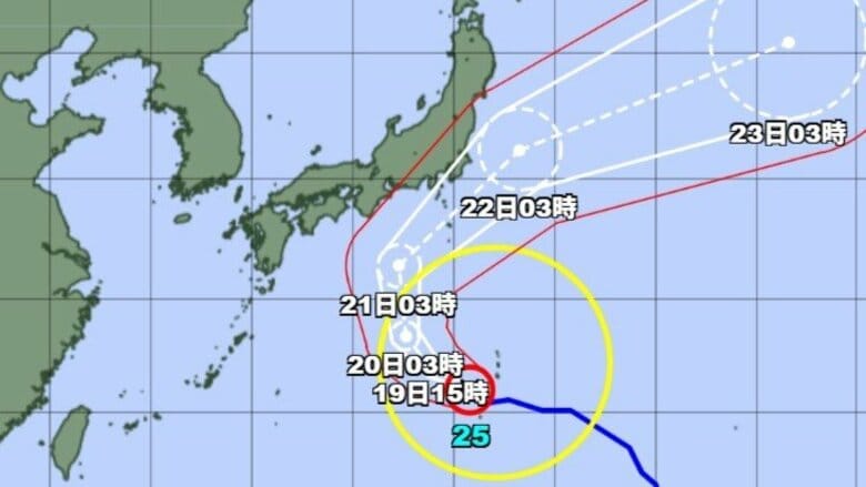 【台風情報】大型の台風25号の進路予想　関東甲信地方では19日夜から21日にかけて激しい雨の降る所がある見込み　進路や発達の程度によっては「警報級の大雨」となる地域や期間が拡大する可能性｜FNNプライムオンライン