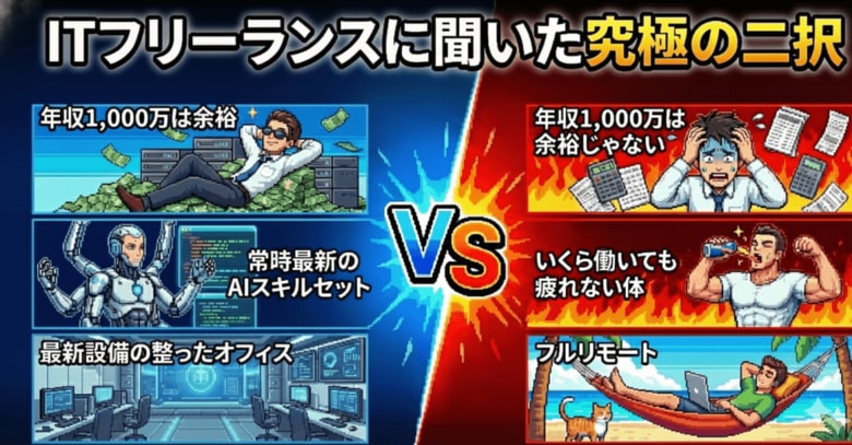 ITフリーランス38%が「年収1000万円は余裕」AIスキルより「疲れない体」、最新技術より「報酬」。究極の二択で明らかになった、実は過酷な現実【600名調査】