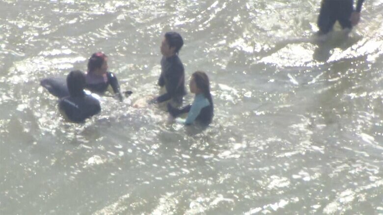 現場では、サーファーらがイルカを海に戻そうとする様子が見られた。