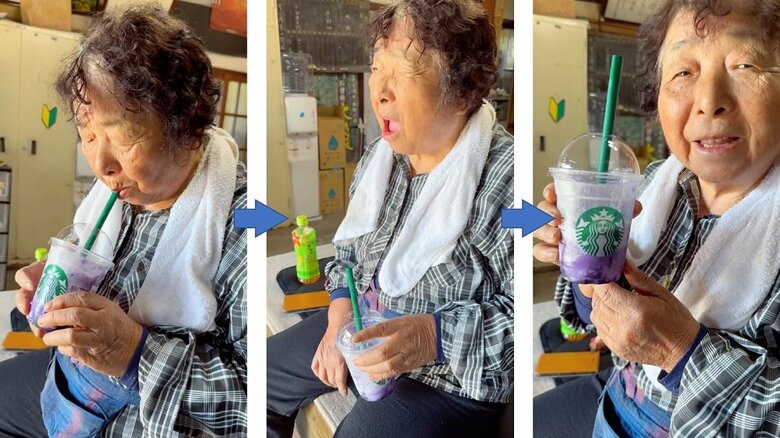 フラペチーノ初挑戦　「つめたい」と言いながらも「おいしい」と笑顔