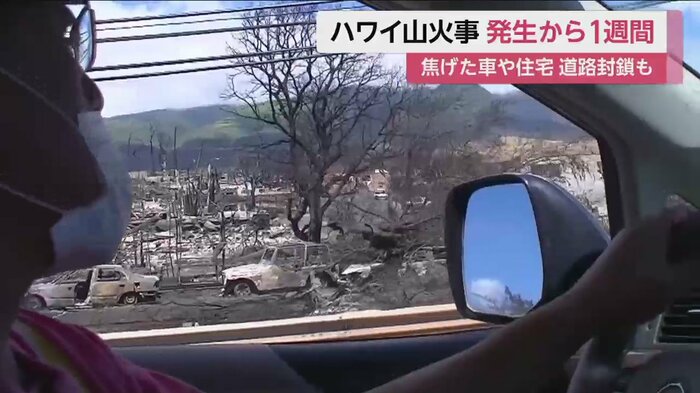 車窓から見えるのは焦げた木や住宅、車ばかり