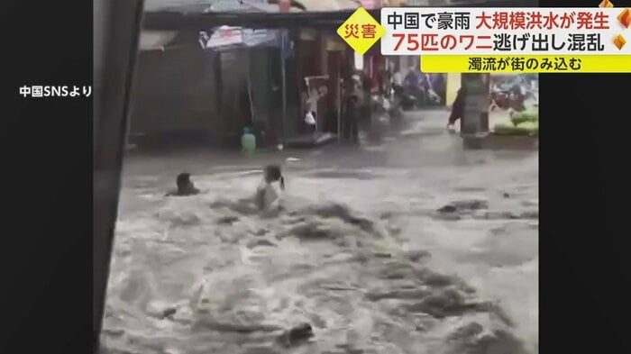 流される人(左側)を助けようとしたが、流れに足をとられてしまう